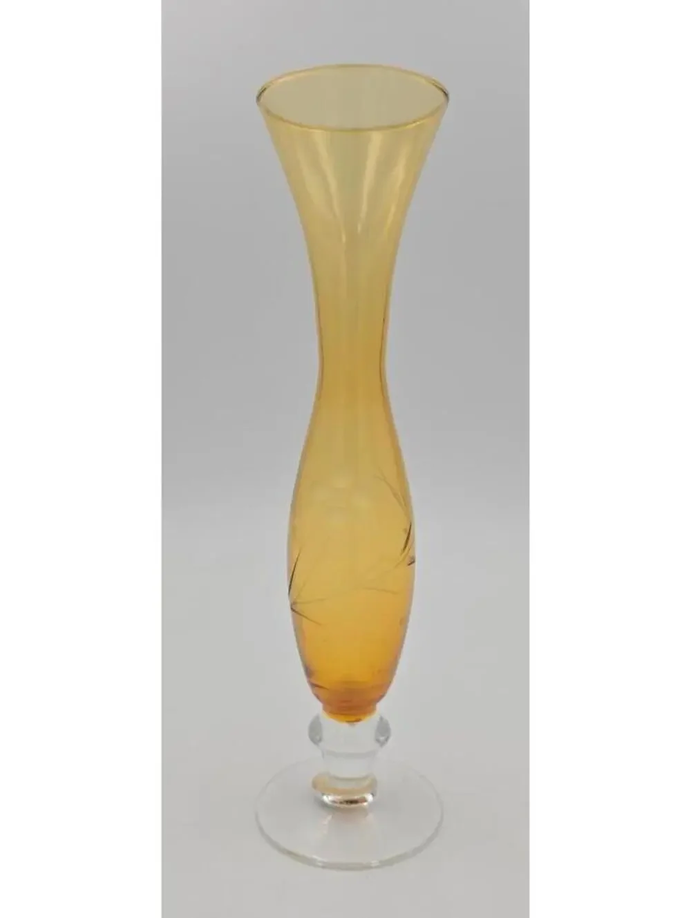 Vintage HTC Amber Cut Glass Etched Decorative Vase w/ Original Sticker